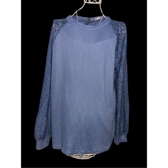 NEW WITH TAGS Mihol Blue Lace Crochet Long Sleeve Waffle Knit Frenchy Plus Size - Picture 3 of 8